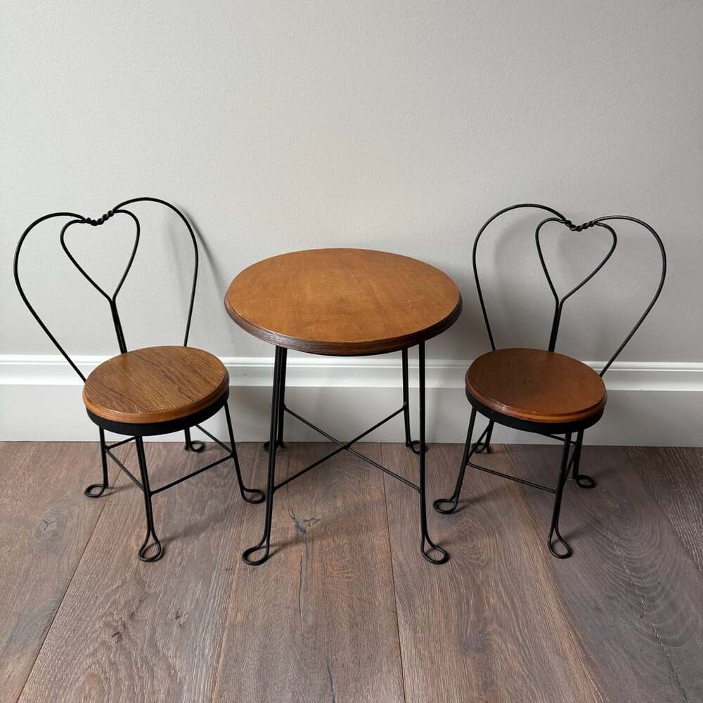 Vintage Doll Ice Cream Parlor Table & Chairs Set Heart Back